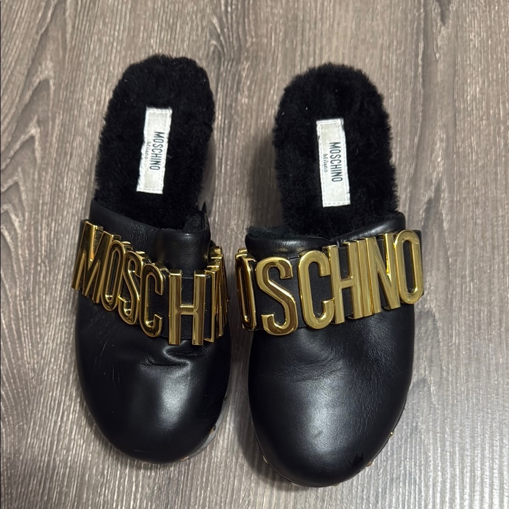 Moschino Black and Gold Slippers with Plush Lining